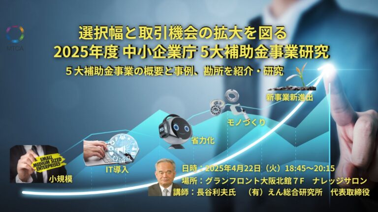 25年4月22日　オープンセミナー　選択幅と取組機会の拡大を図る2025年度中小企業庁5大補助金事業研究　　～50万円⇔1億円：小規模、IT導入、省力化、モノづくり、新事業進出～